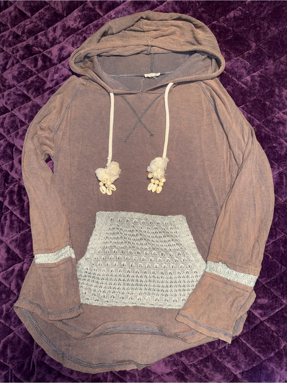 POL Women's Brown Hooded Pullover with Crochet Pocket and Tassel Drawstrings